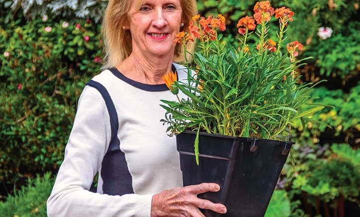 Older woman from Australia holding a wall mountable flower pot.